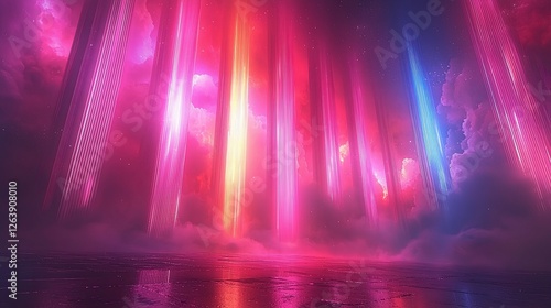 Vibrant cosmic landscape with colorful light beams illuminating a serene reflective surface