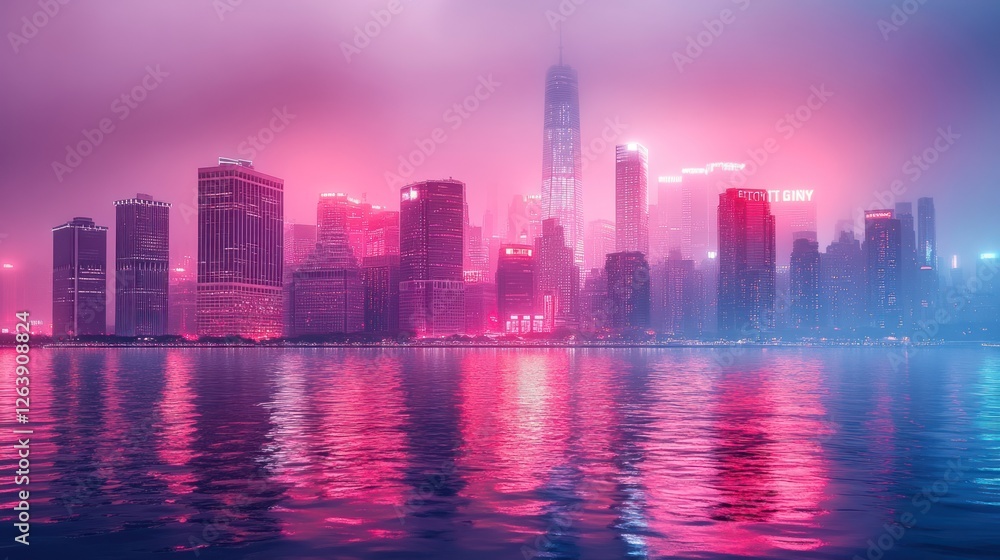 Fototapeta premium Pink city skyline reflecting, foggy waterfront, night
