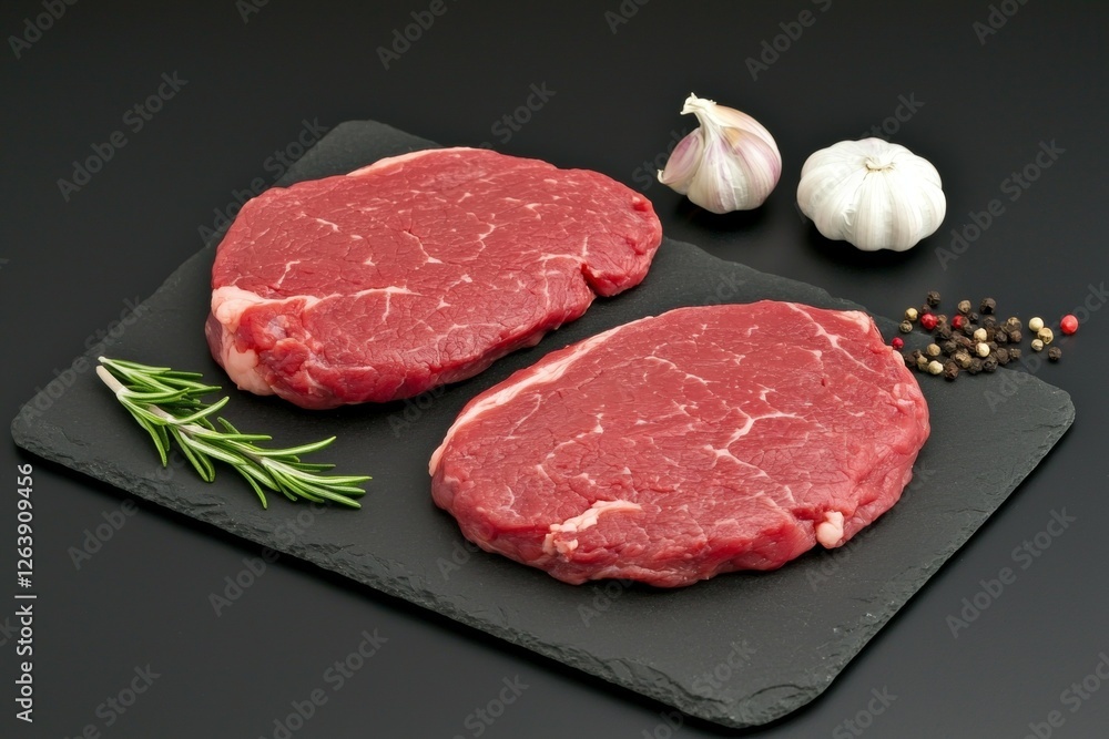 Two pieces of meat with garlic and pepper on a black surface, ribeye steak concept Two pieces of meat with garlic and pepper on a black surface, ribeye steak concept