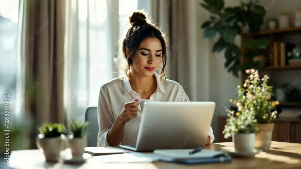 A woman in a relaxed, yet professional, setting sips coffee and works on her laptop. A woman in a relaxed, yet professional, setting sips coffee and works on her laptop.