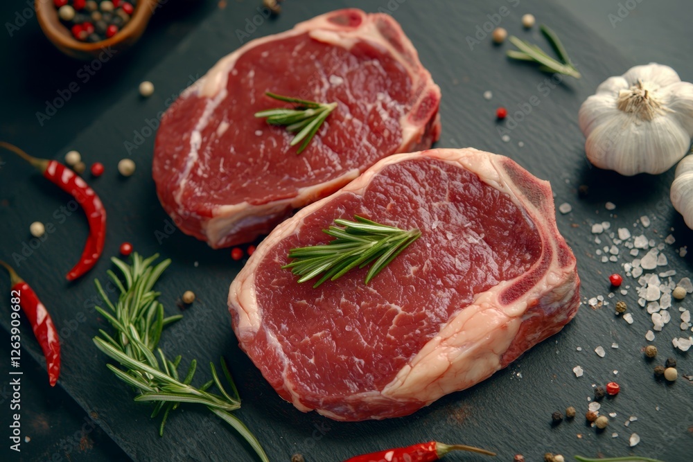 Two pieces of meat with rosemary on top, ribeye steak concept Two pieces of meat with rosemary on top, ribeye steak concept