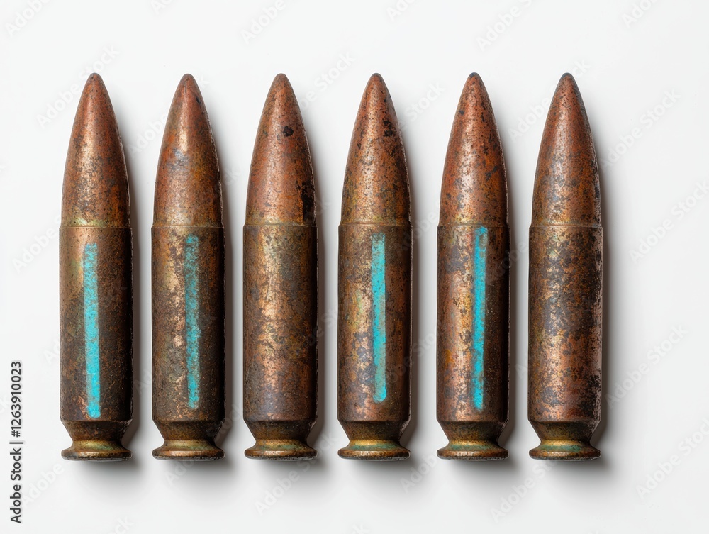 Ammunition rounds in a row on a white background. Ammunition rounds in a row on a white background.