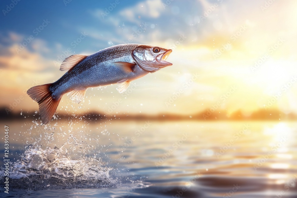 Obraz premium Dynamic fish leaping from water at sunset with splash and sunlight reflections