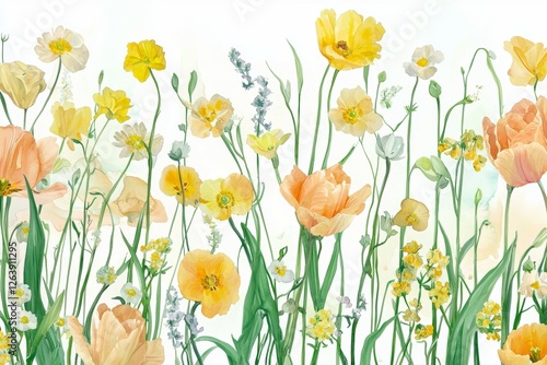 Vibrant wildflowers in bloom  yellow and peach floral watercolor artwork