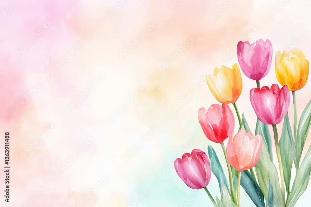 Obraz premium Colorful watercolor tulips on pastel background