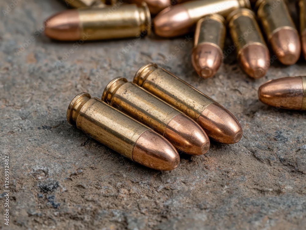 Ammunition rounds on a stone surface. Ammunition rounds on a stone surface.