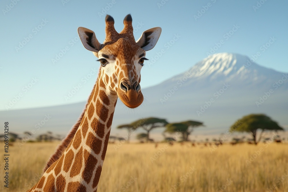 Naklejka premium Giraffe in african savanna with mount kilimanjaro in background