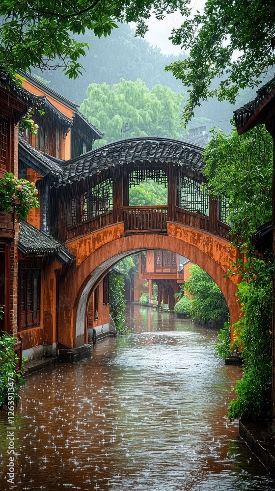 Rain falls on a quaint canal bridge and houses Rain falls on a quaint canal bridge and houses