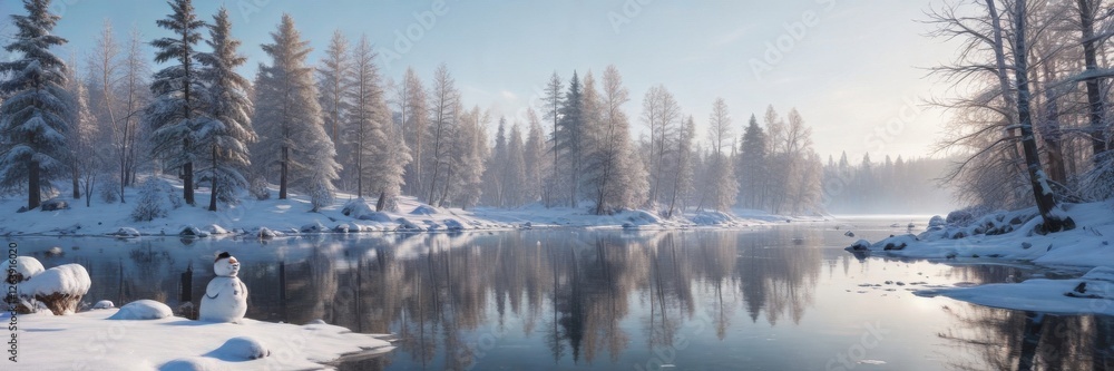 snowman in winter landscape with snow-covered trees and frozen lake, peaceful scene, frosty atmosphere, frozen landscape snowman in winter landscape with snow-covered trees and frozen lake, peaceful scene, frosty atmosphere, frozen landscape