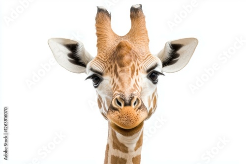 Close-up portrait of a young giraffe against white background photo