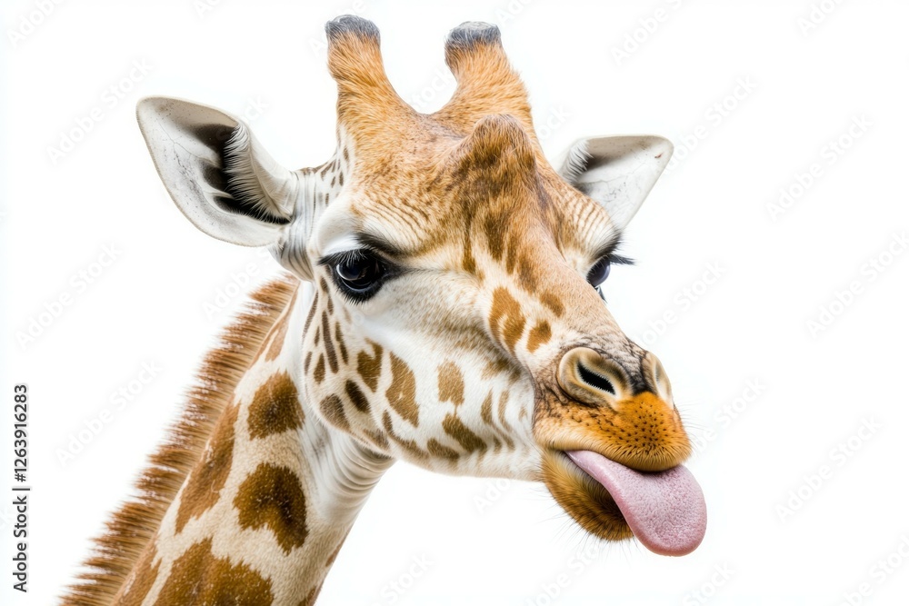 Obraz premium Playful giraffe sticking tongue out on white background