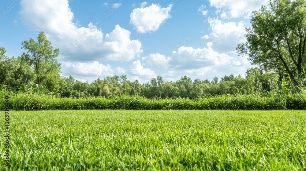 Lush green lawn, trees, blue sky, summer day. Perfect for real estate or nature websites Lush green lawn, trees, blue sky, summer day. Perfect for real estate or nature websites