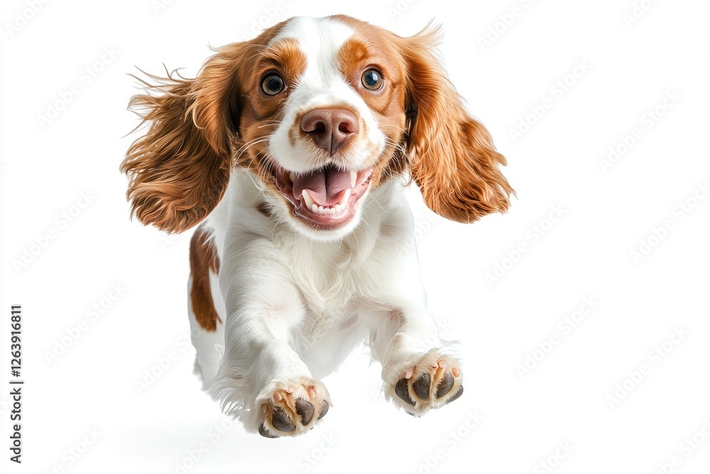 Happy and Playful Dog Jumping in Air with Joyful Expression and Fluffy Ears Captured in Studio Setting with White Background Happy and Playful Dog Jumping in Air with Joyful Expression and Fluffy Ears Captured in Studio Setting with White Background