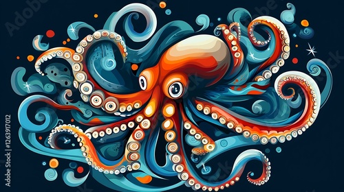 Vibrant Digital Painting of an Octopus in Ocean Swirl AI Generated