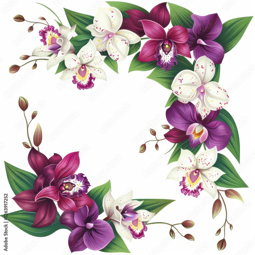 Beautiful floral arrangement featuring vibrant orchids in various colors, including purple, white, and pink, surrounded by lush green leaves, perfect for decorative purposes Beautiful floral arrangement featuring vibrant orchids in various colors, including purple, white, and pink, surrounded by lush green leaves, perfect for decorative purposes