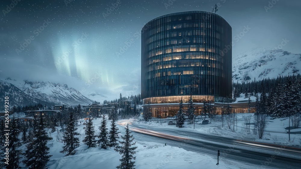 Obraz premium Modern Tower Illuminated Underneath Aurora Borealis In Snowy Mountains