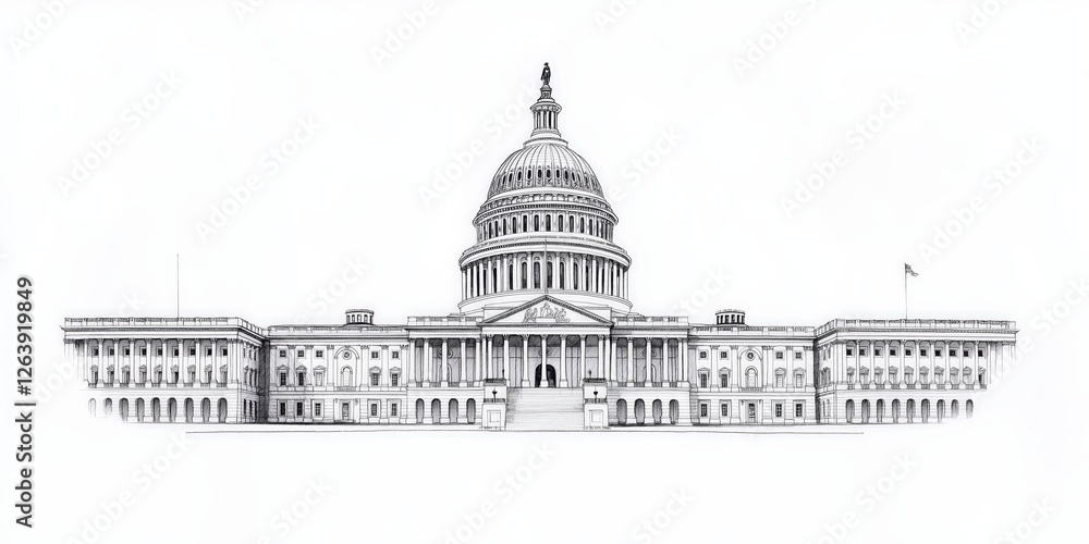 Fototapeta premium A meticulously detailed black-and-white illustration capturing the grandeur of the U.S. Capitol building, highlighting its intricate architecture and iconic features in exquisite detail