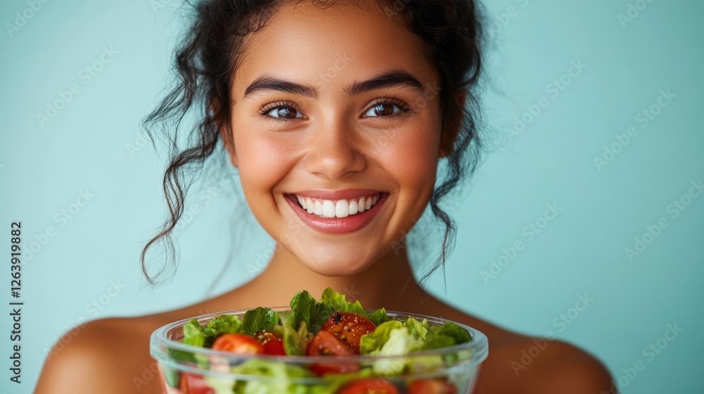 Smiling Young Woman Holding Fresh Salad Bowl Against Blue Background Smiling Young Woman Holding Fresh Salad Bowl Against Blue Background