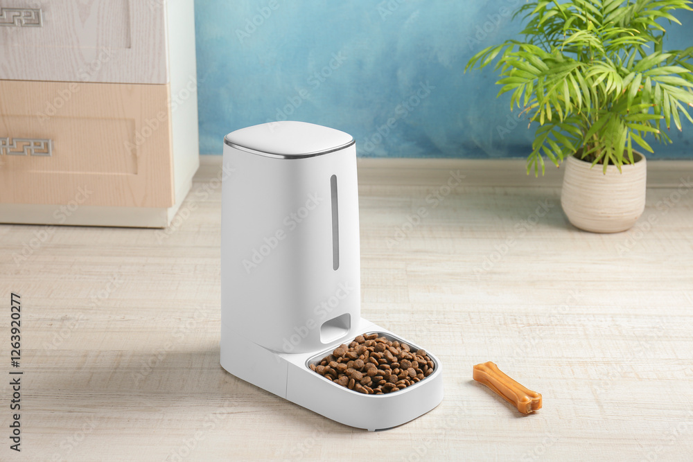 Dry pet food in automatic feeder and chew bone on floor indoors Dry pet food in automatic feeder and chew bone on floor indoors