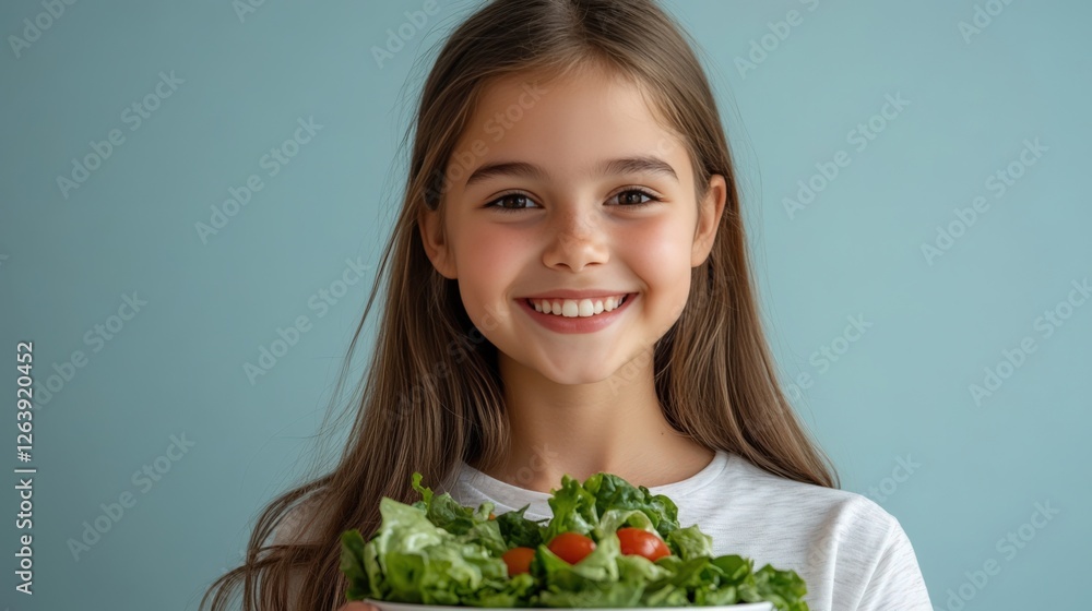 Smiling Young Girl Holding Fresh Salad Bowl Against Blue Background Smiling Young Girl Holding Fresh Salad Bowl Against Blue Background