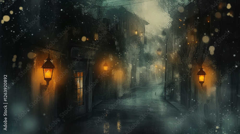 Obraz premium A foggy winter street with glowing lanterns casting a warm glow on wet cobblestones. Snowflakes float through the air, enhancing the mystical ambiance. AI generated.