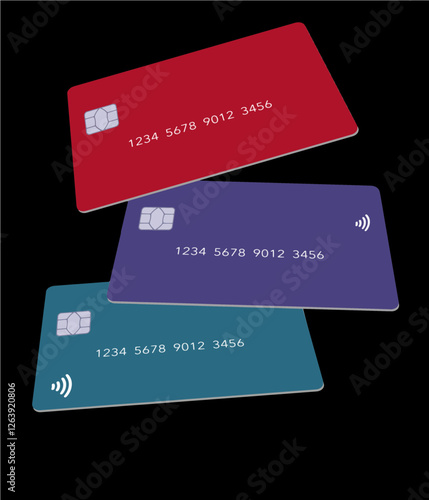 Three colorful credit cards or debit cards are seen isolated on a black background in a 3-d illustration. 