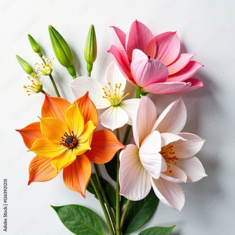 Elegant floral arrangement on a minimalist white background , simplicity, ornamental plants Elegant floral arrangement on a minimalist white background , simplicity, ornamental plants