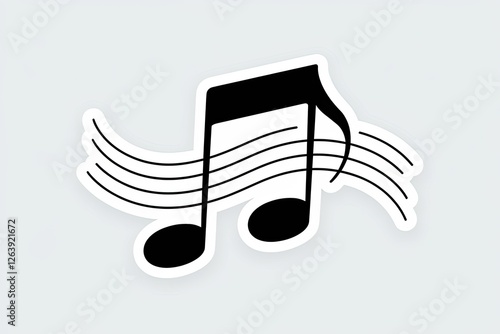 Graphic Isolated Eighth Notes with Staff Lines in Black and White Style on Light Gray Background with Soft Shadow, Music Concept
