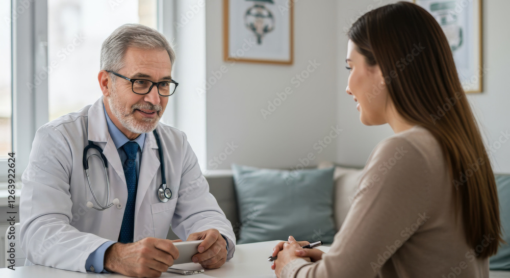 Obraz premium Caucasian male doctor consulting asian woman patient in modern medical office. Healthcare professional with stethoscope discussing diagnosis treatment plan at hospital visit