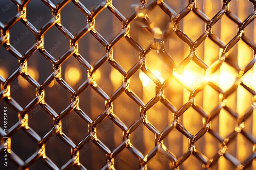 Fototapeta premium Glimmering Metal Chain Link Fence with Warm Sunset Light Reflected Through the Grids Creating a Dynamic and Artistic Background Effect