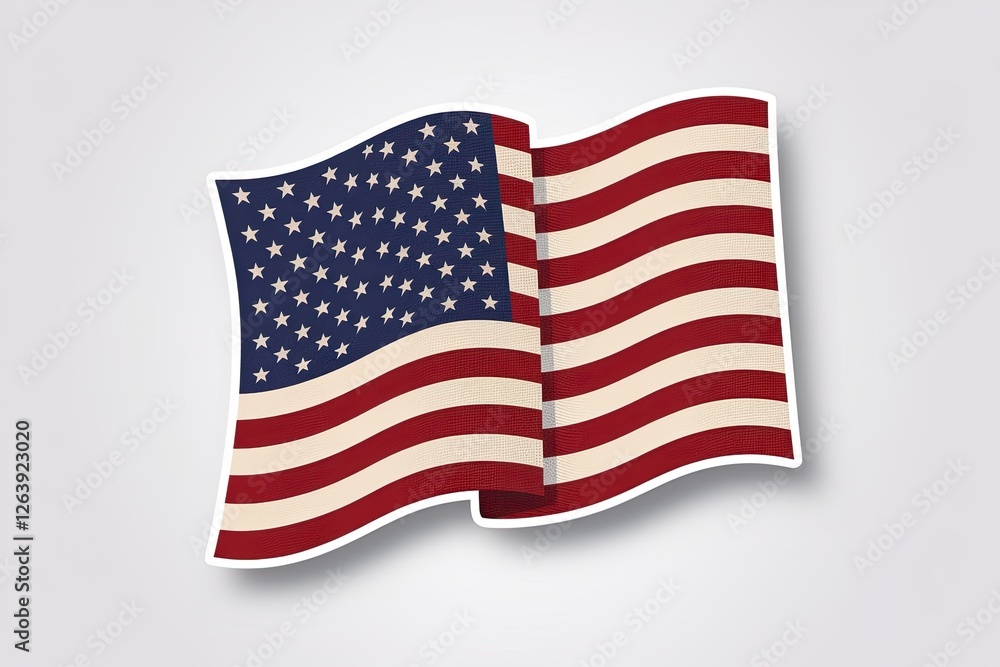 Stylized American Flag Illustration with Grain Texture, Waving Design, Patriotic, Red, White, and Blue on Gray Background Stylized American Flag Illustration with Grain Texture, Waving Design, Patriotic, Red, White, and Blue on Gray Background