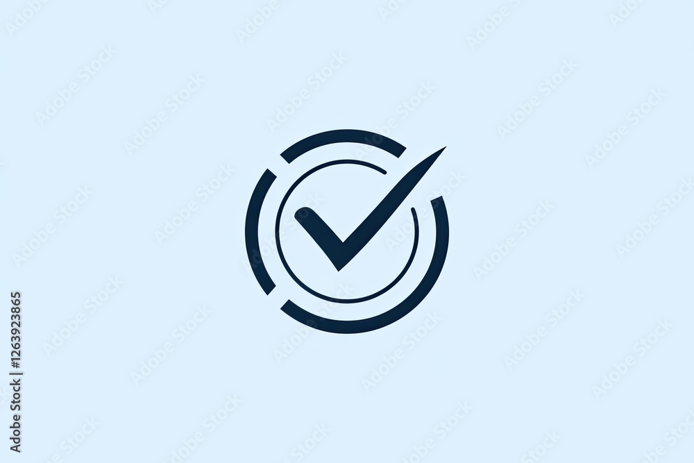 Minimalist Check Mark Icon with Circular Design in Navy Blue on a Light Blue Background, Approval Symbol Minimalist Check Mark Icon with Circular Design in Navy Blue on a Light Blue Background, Approval Symbol