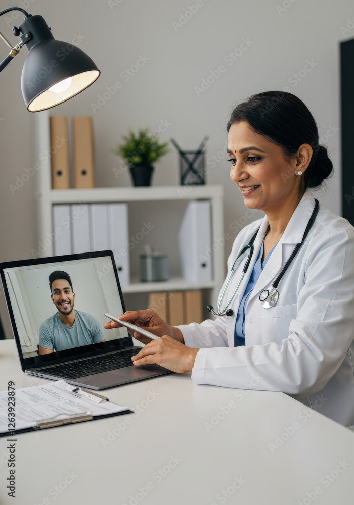 Asian female doctor having telemedicine consultation with male patient on laptop in medical office. Remote healthcare service with video call technology concept Asian female doctor having telemedicine consultation with male patient on laptop in medical office. Remote healthcare service with video call technology concept