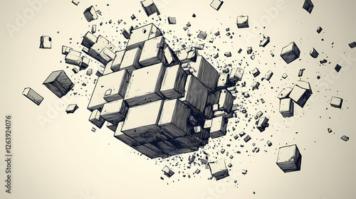 A cube of shifting dimensions, alternating between solid and fragmented states. Shifting Geometries. Illustration photo