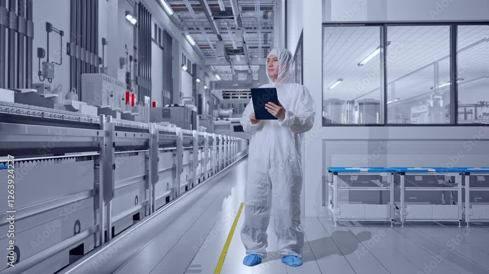 Full Body Of Asian Male Scientist Using A Tablet And Looking Around While Standing At Pharmaceutical Factory, Vaccine Production Facility Full Body Of Asian Male Scientist Using A Tablet And Looking Around While Standing At Pharmaceutical Factory, Vaccine Production Facility