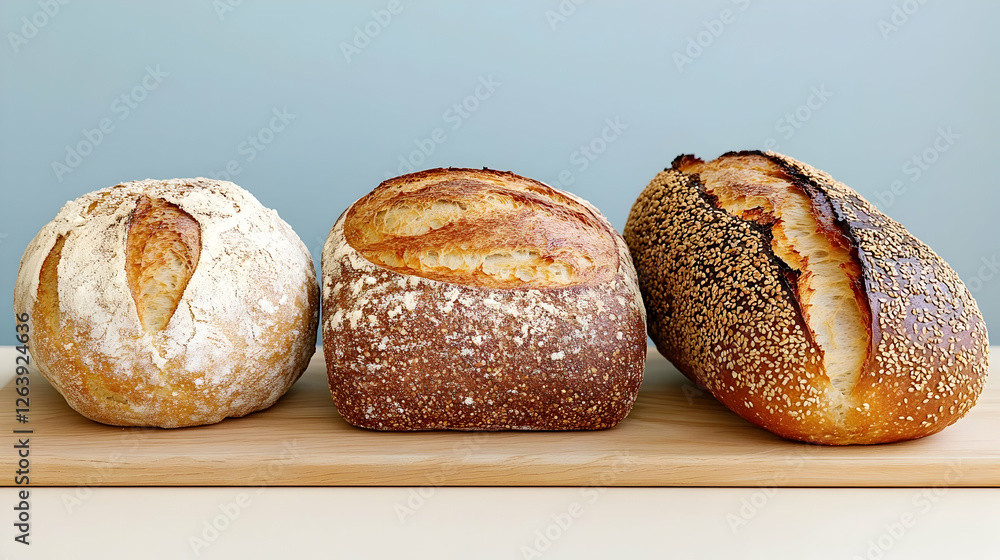 Freshly Baked Artisan Bread Loaves on a Wooden Cutting Board in a Bright Kitchen Setting Freshly Baked Artisan Bread Loaves on a Wooden Cutting Board in a Bright Kitchen Setting