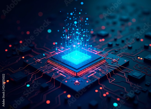 Concept high-resolution image of an AI chip, selective focus