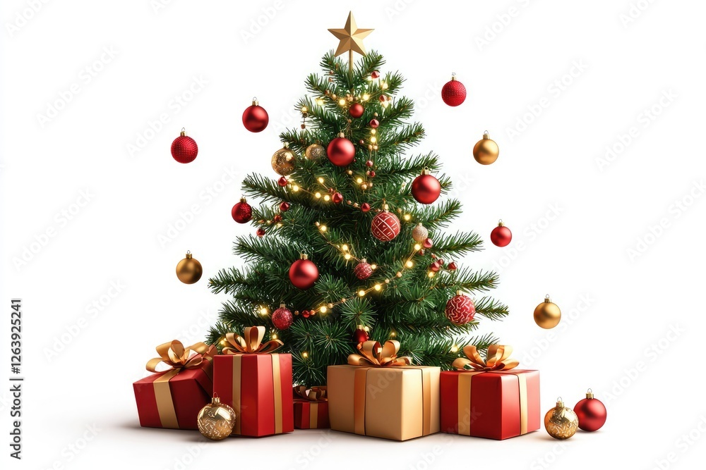 Christmas tree with vibrant red and gold ornaments, surrounded by beautifully wrapped gifts in festive colors on a bright background Christmas tree with vibrant red and gold ornaments, surrounded by beautifully wrapped gifts in festive colors on a bright background