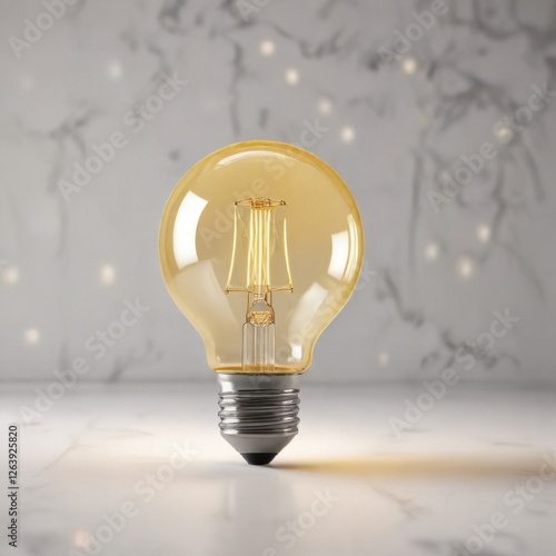Softly glowing yellow light bulb on white surface, radiant, illuminant, lighting