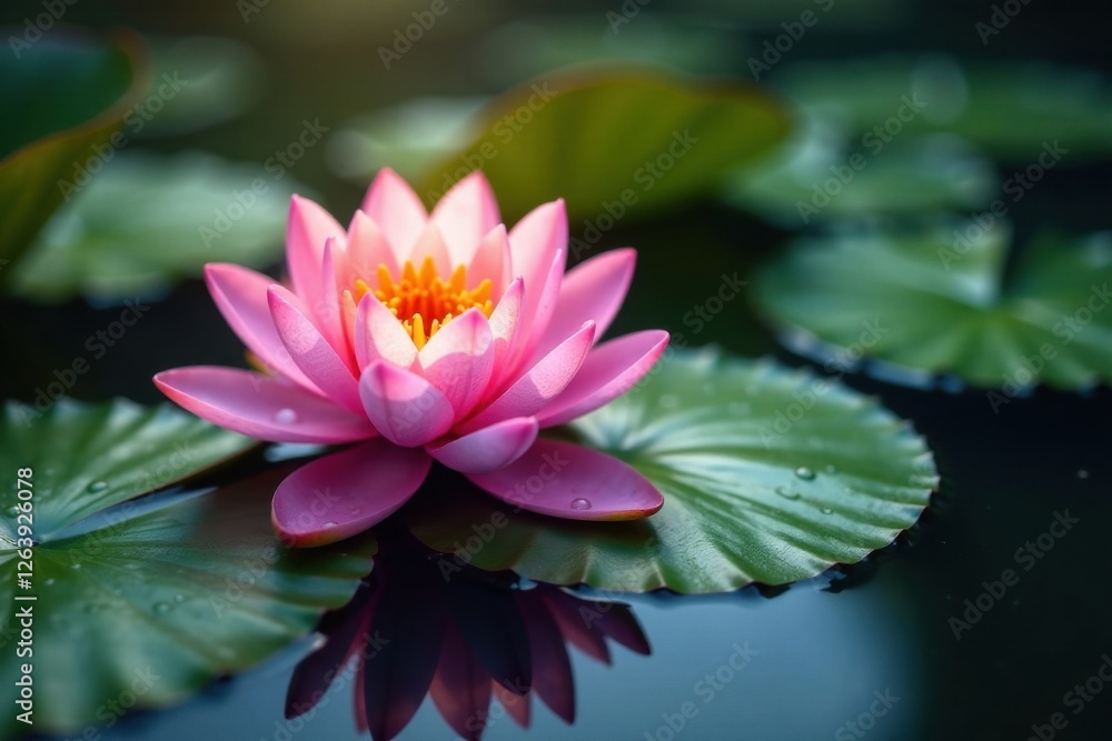 Softly glowing water lily pad with dew drops , pink, dew, waterlilies Softly glowing water lily pad with dew drops , pink, dew, waterlilies