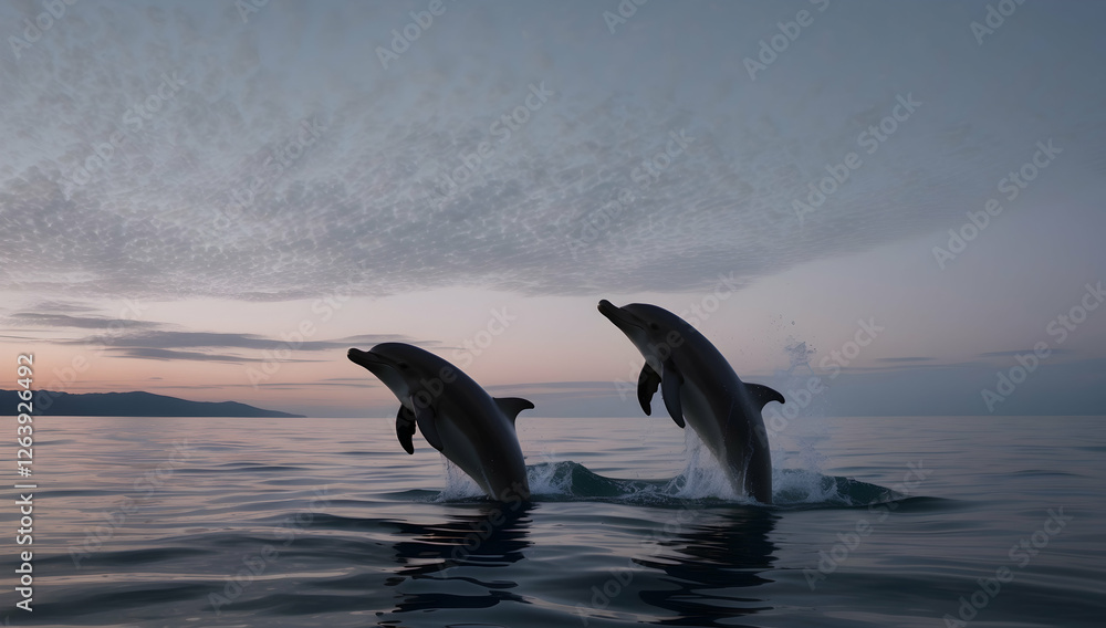 Obraz premium Two Dolphins Leap Out of the Water at Sunrise
