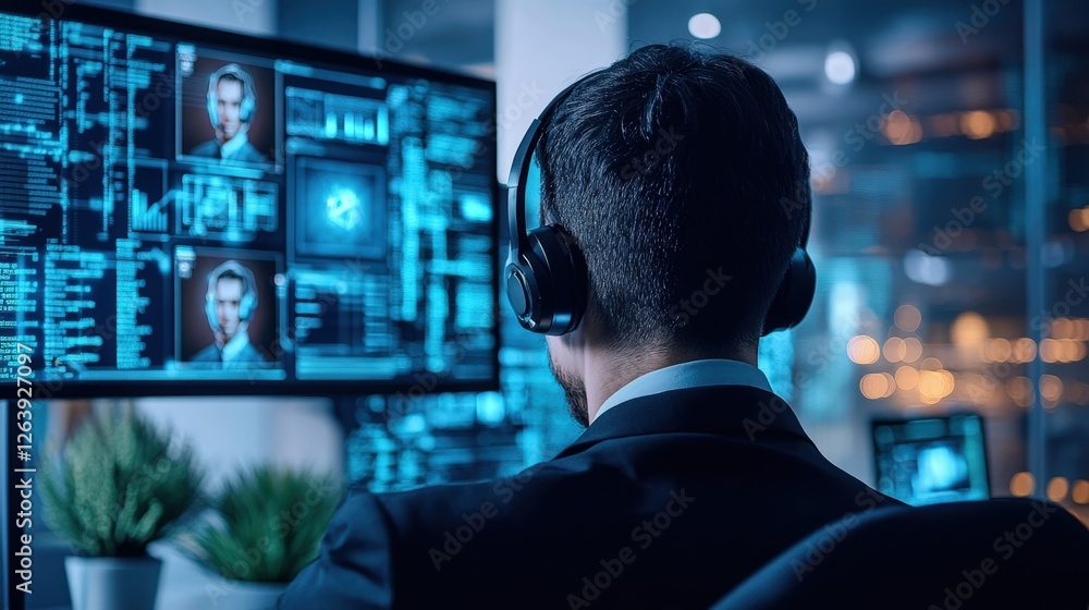 A focused shot of a professional wearing noisecanceling headphones engaged in a video conference. The background showcases posters of cybersecurity best practices coupled with a small A focused shot of a professional wearing noisecanceling headphones engaged in a video conference. The background showcases posters of cybersecurity best practices coupled with a small
