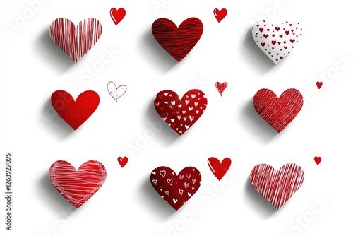 Colorful Collection of Hearts in Various Patterns and Textures on White Background for Valentine's Day or Romantic Themes