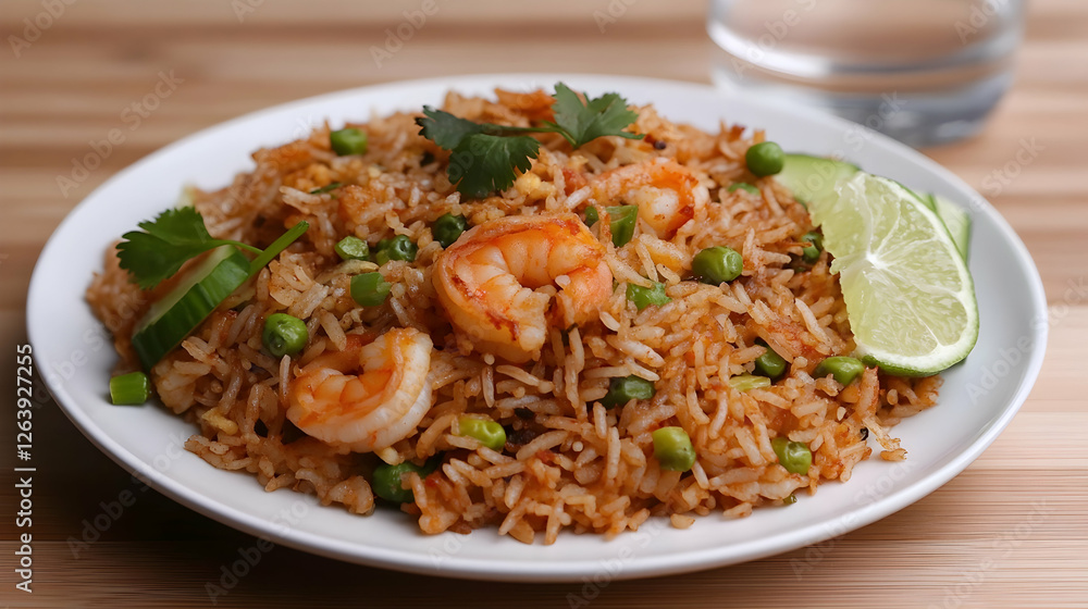 Delicious Shrimp Fried Rice with Vegetables and Fresh Lime Garnish on a Wooden Surface Delicious Shrimp Fried Rice with Vegetables and Fresh Lime Garnish on a Wooden Surface