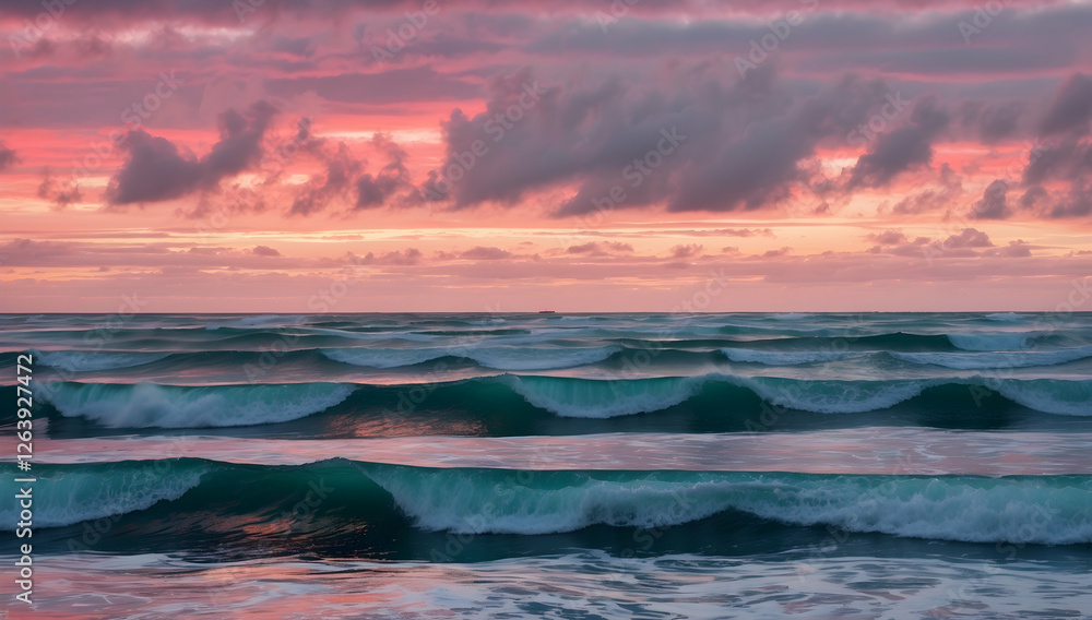 Obraz premium Ocean Waves Crashing at Sunset, Vibrant Pink Hues
