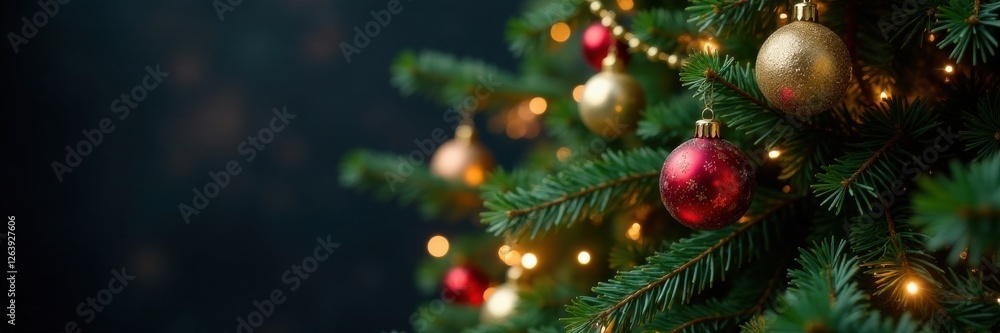 Fototapeta premium Evergreen Christmas tree adorned with glittering ornaments and colorful lights, snowflakes, gifts, garlands