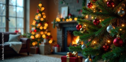 Wallpaper Mural Evergreen Christmas tree in a cozy room with colorful ornaments and twinkling lights , evergreen, holiday Torontodigital.ca