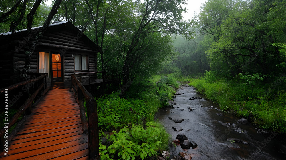 Serene Cabin Retreat by the Stream Surrounded by Lush Green Forest in Misty Weather Serene Cabin Retreat by the Stream Surrounded by Lush Green Forest in Misty Weather