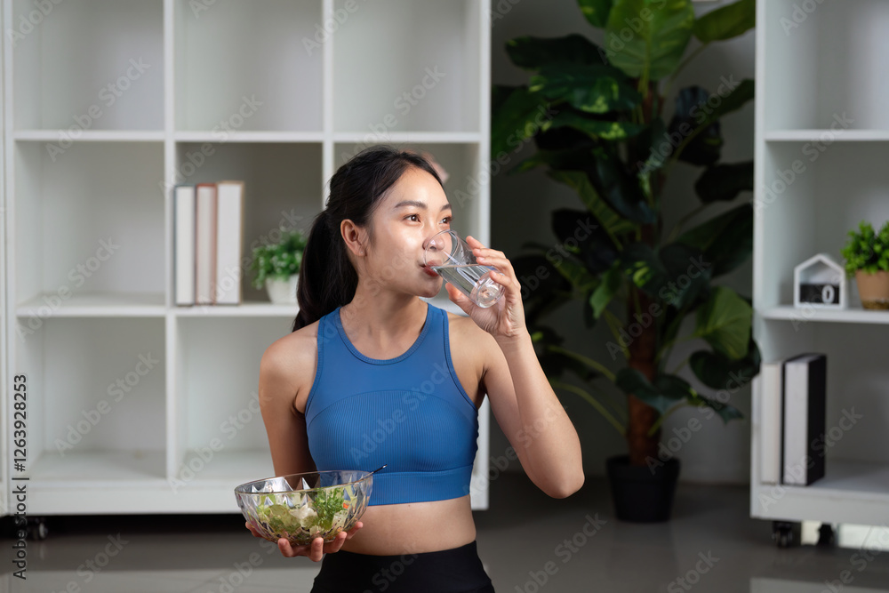 Woman drinking water while holding a salad, promoting hydration and healthy eating. Woman drinking water while holding a salad, promoting hydration and healthy eating.