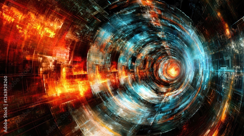 Obraz premium Abstract digital vortex with vibrant colors swirling, depicting motion and energy in a cosmic space
